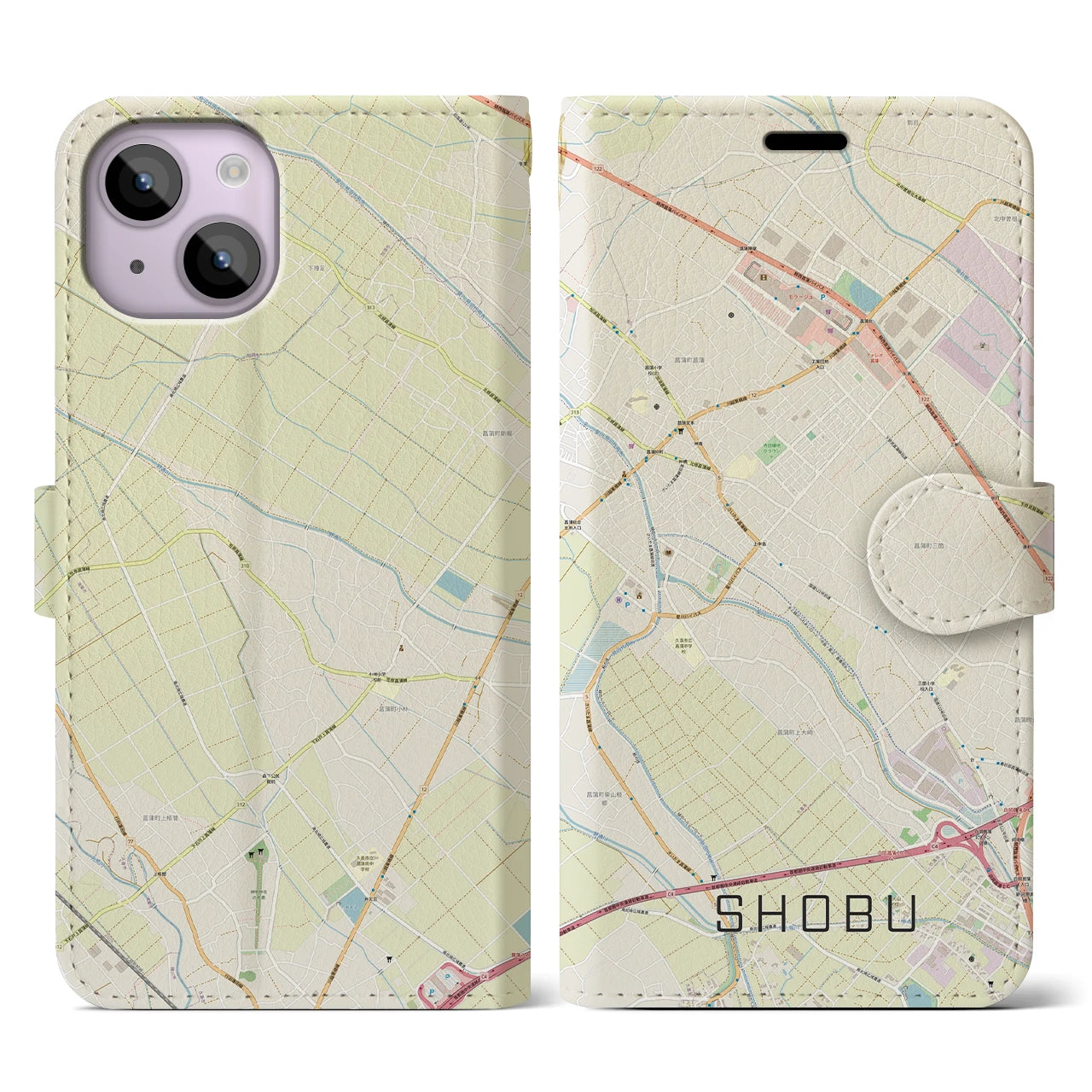 【菖蒲(埼玉県)】地図柄iPhoneケース(手帳タイプ)ナチュラル・iPhone 14 用