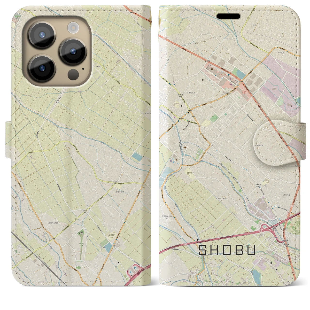 【菖蒲(埼玉県)】地図柄iPhoneケース(手帳タイプ)ナチュラル・iPhone 14 Pro Max 用