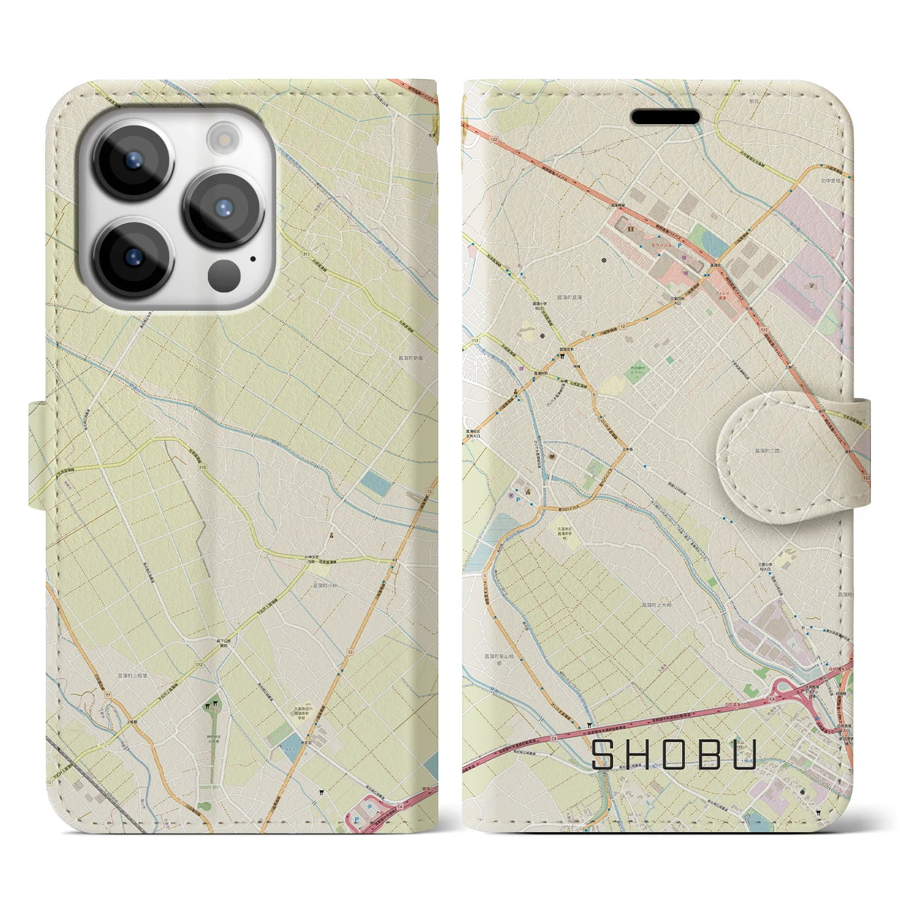 【菖蒲(埼玉県)】地図柄iPhoneケース(手帳タイプ)ナチュラル・iPhone 14 Pro 用