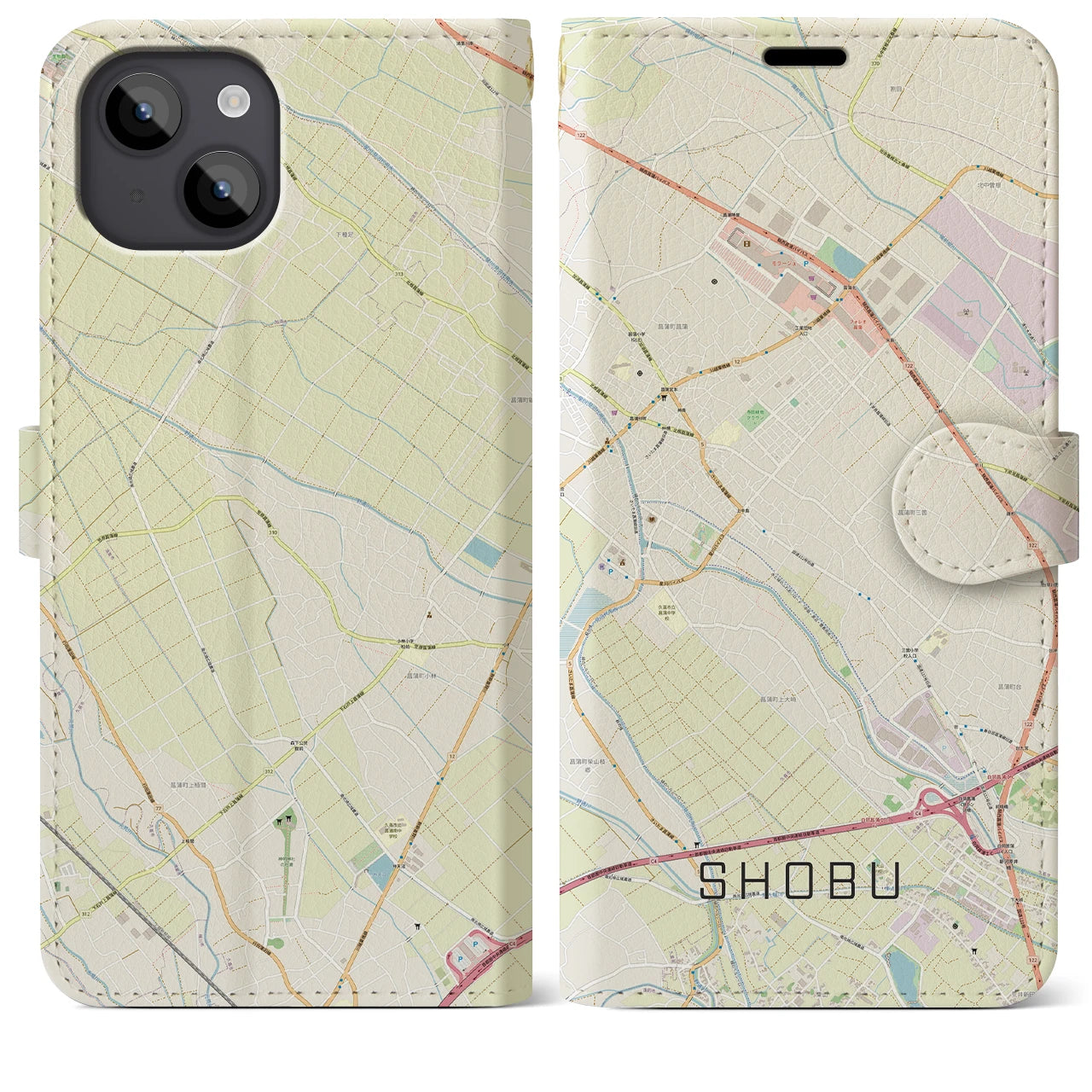 【菖蒲(埼玉県)】地図柄iPhoneケース(手帳タイプ)ナチュラル・iPhone 14 Plus 用