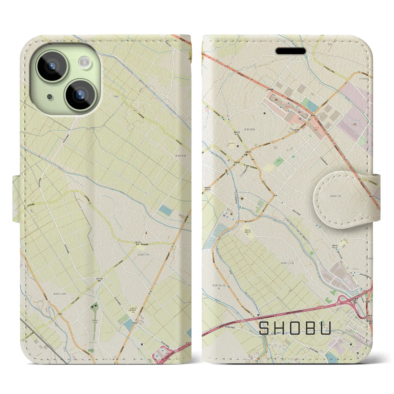 【菖蒲(埼玉県)】地図柄iPhoneケース(手帳タイプ)ナチュラル・iPhone 15 用