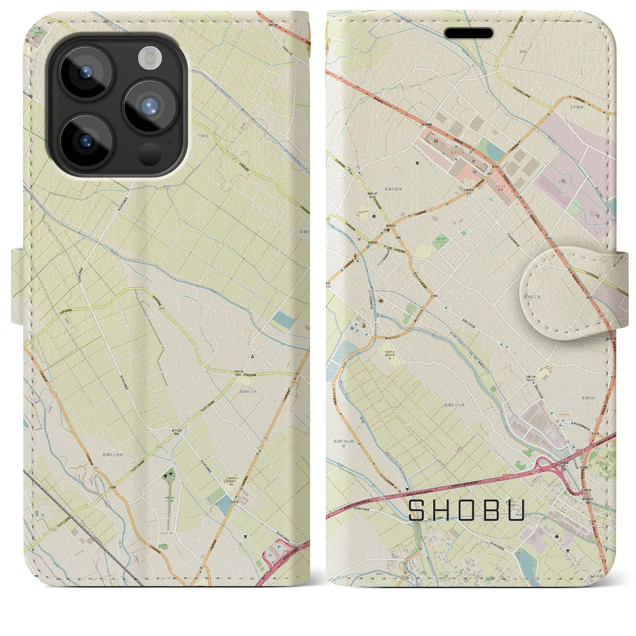 【菖蒲(埼玉県)】地図柄iPhoneケース(手帳タイプ)ナチュラル・iPhone 15 Pro Max 用