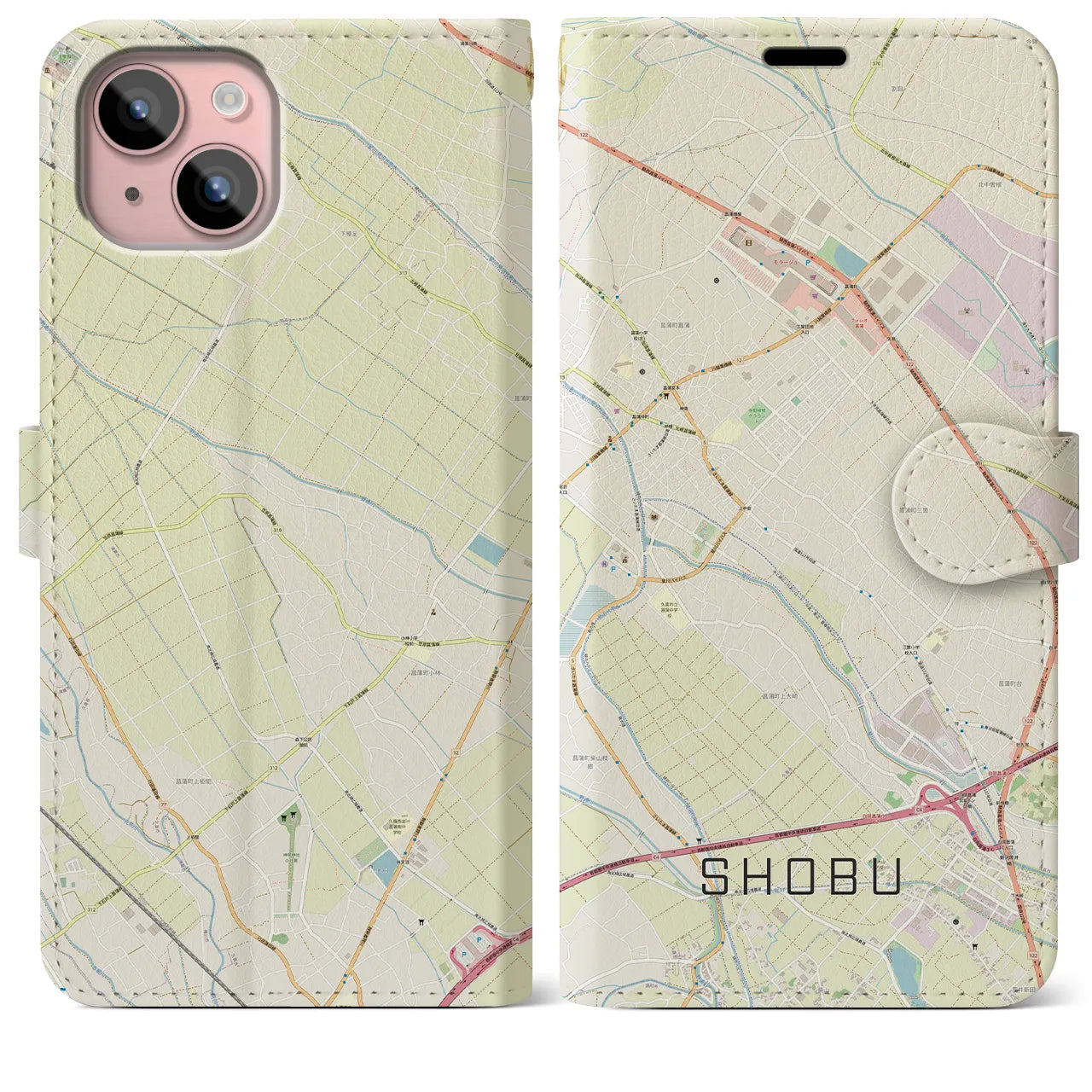 【菖蒲(埼玉県)】地図柄iPhoneケース(手帳タイプ)ナチュラル・iPhone 15 Plus 用