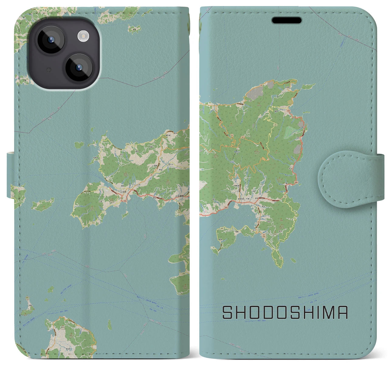 【小豆島(香川県)】地図柄iPhoneケース(手帳タイプ)ナチュラル・iPhone 14 Plus 用