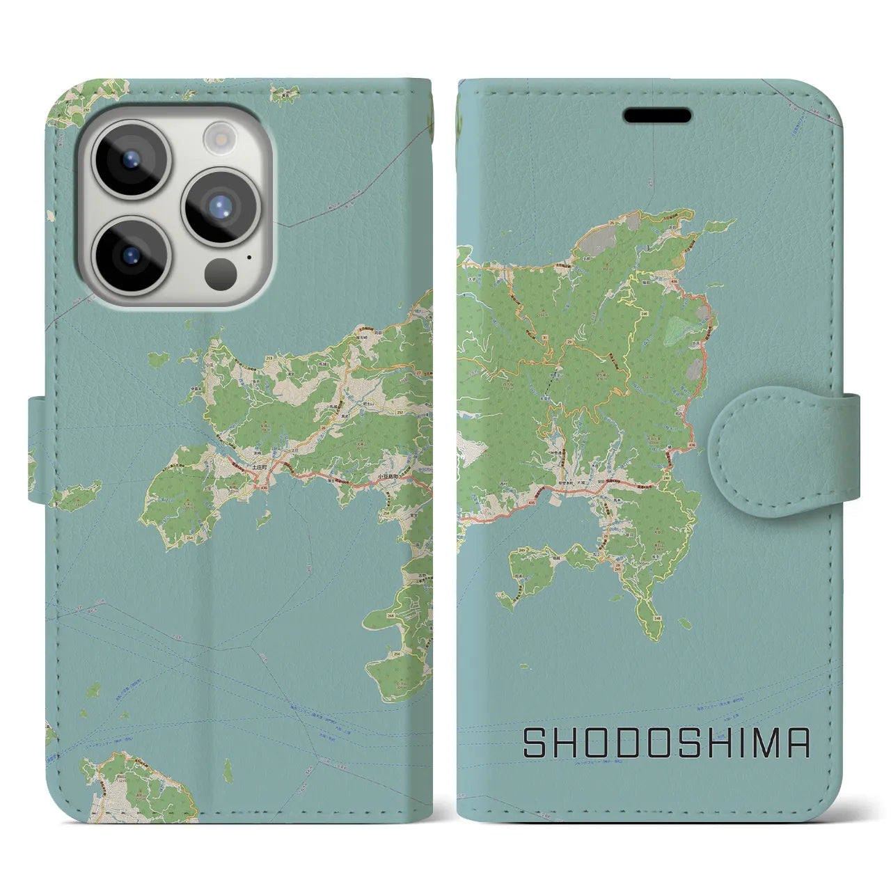 【小豆島(香川県)】地図柄iPhoneケース(手帳タイプ)ナチュラル・iPhone 15 Pro 用
