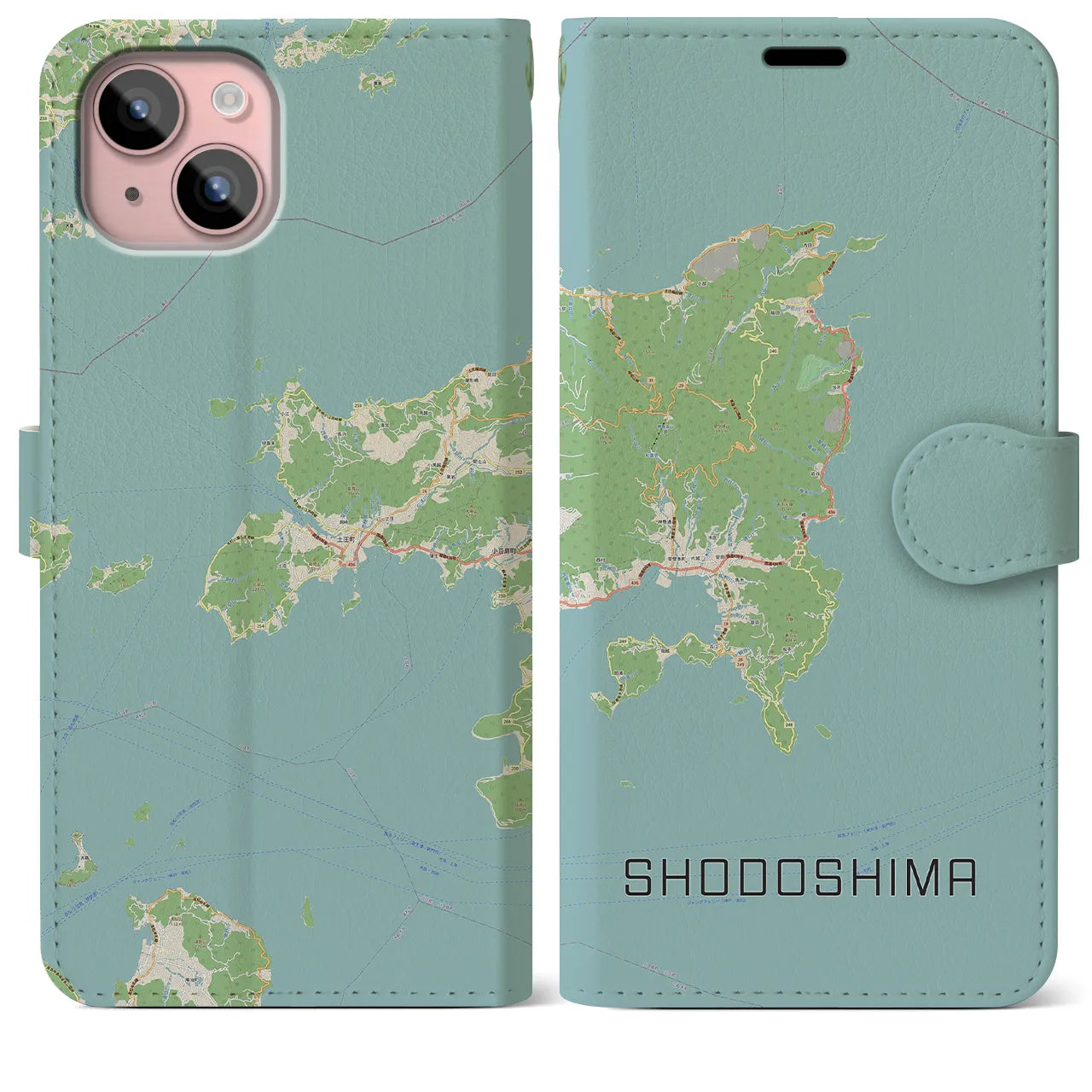 【小豆島(香川県)】地図柄iPhoneケース(手帳タイプ)ナチュラル・iPhone 15 Plus 用