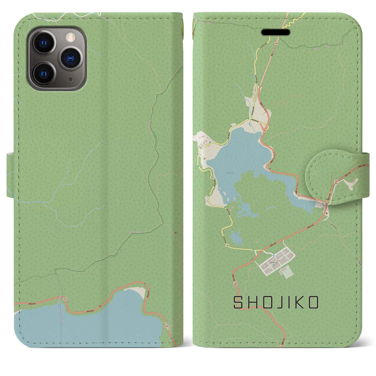 【精進湖(山梨県)】地図柄iPhoneケース(手帳タイプ)ナチュラル・iPhone 11 Pro Max 用