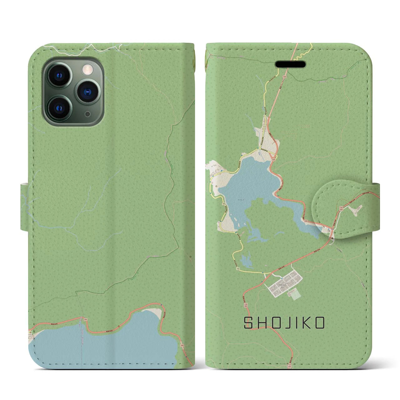 【精進湖(山梨県)】地図柄iPhoneケース(手帳タイプ)ナチュラル・iPhone 11 Pro 用