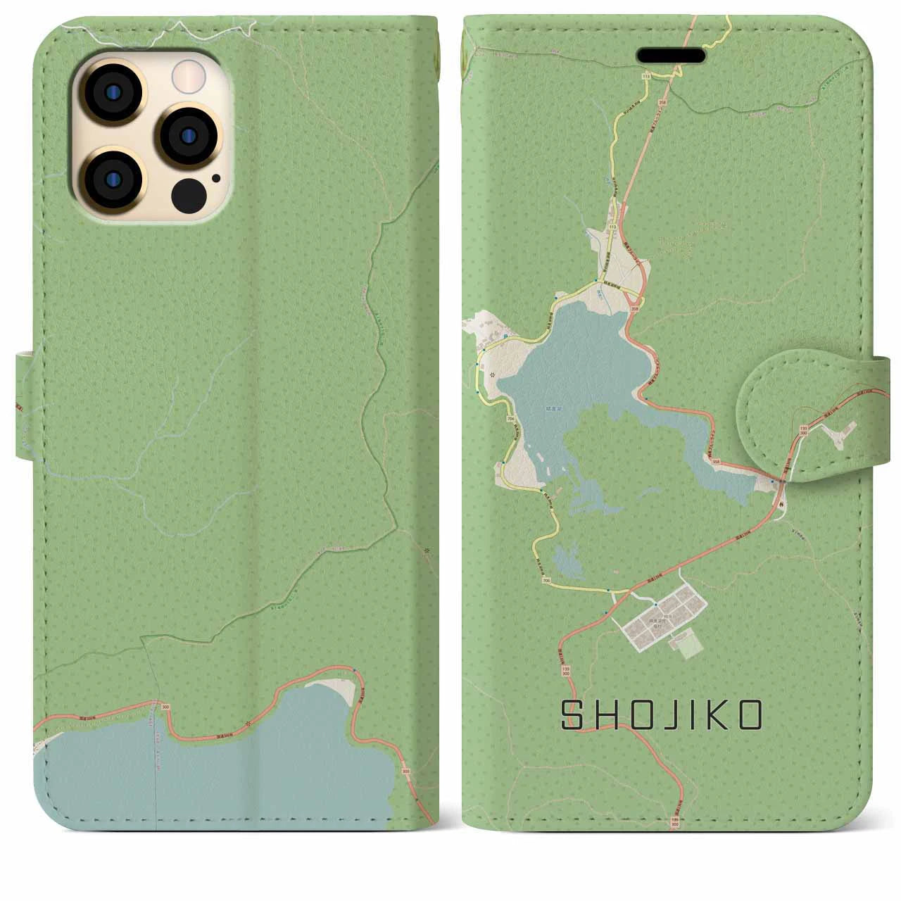 【精進湖(山梨県)】地図柄iPhoneケース(手帳タイプ)ナチュラル・iPhone 12 Pro Max 用
