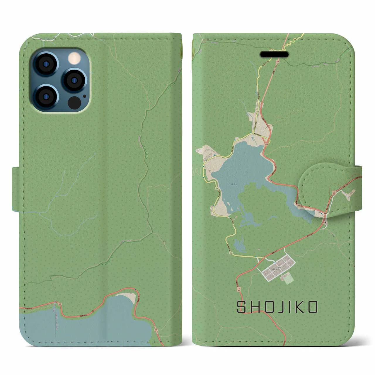 【精進湖(山梨県)】地図柄iPhoneケース(手帳タイプ)ナチュラル・iPhone 12 / 12 Pro 用