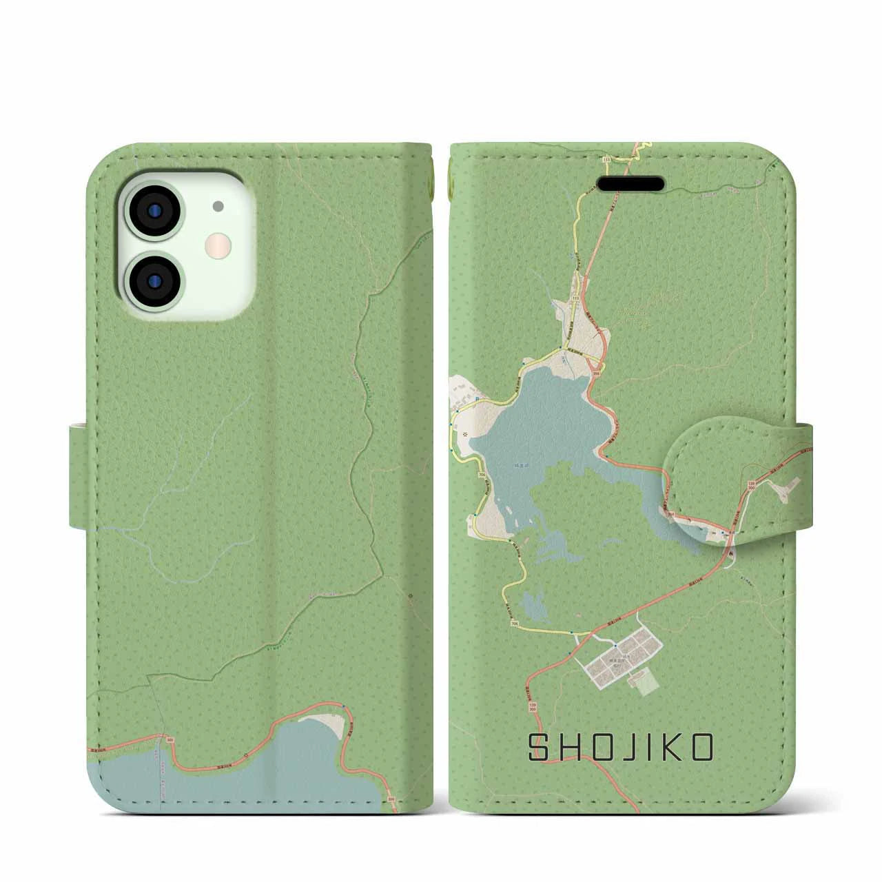 【精進湖(山梨県)】地図柄iPhoneケース(手帳タイプ)ナチュラル・iPhone 12 mini 用