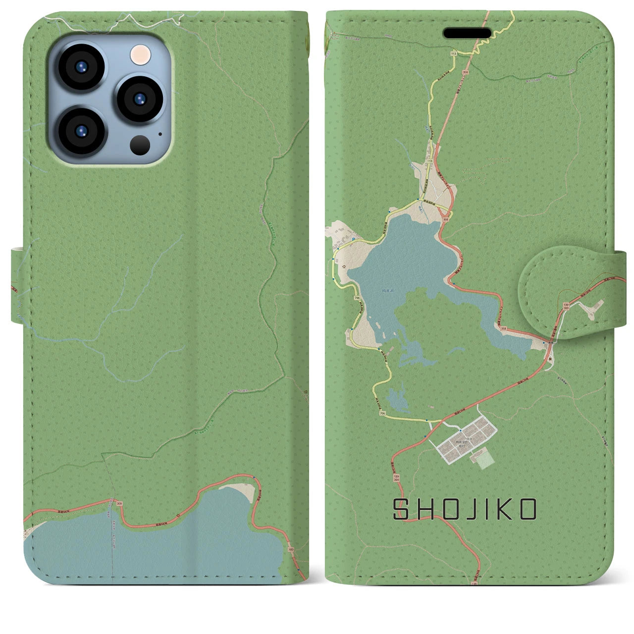 【精進湖(山梨県)】地図柄iPhoneケース(手帳タイプ)ナチュラル・iPhone 13 Pro Max 用