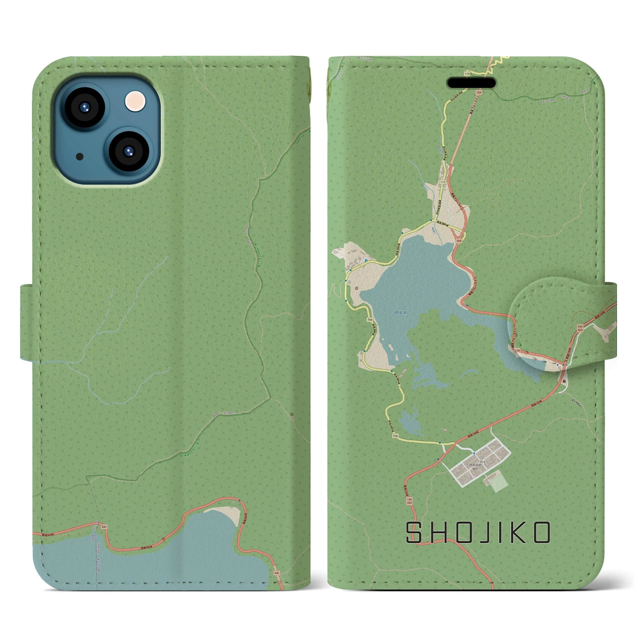 【精進湖(山梨県)】地図柄iPhoneケース(手帳タイプ)ナチュラル・iPhone 13 用