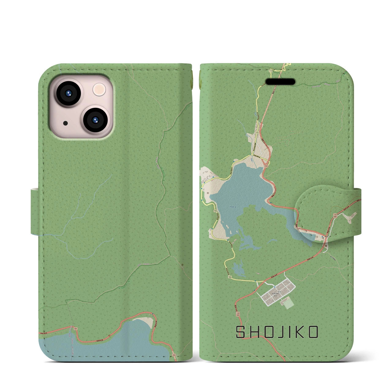 【精進湖(山梨県)】地図柄iPhoneケース(手帳タイプ)ナチュラル・iPhone 13 mini 用