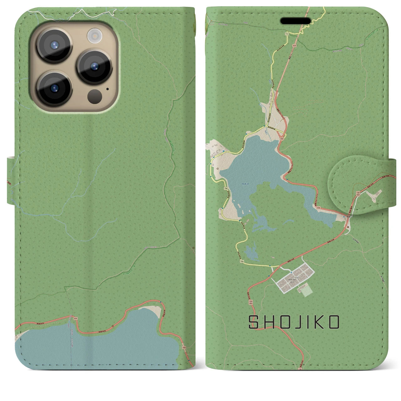 【精進湖(山梨県)】地図柄iPhoneケース(手帳タイプ)ナチュラル・iPhone 14 Pro Max 用