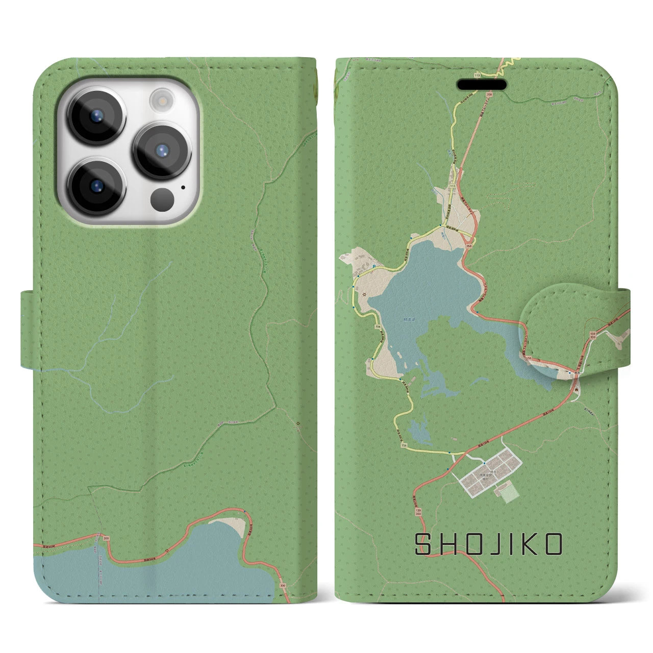 【精進湖(山梨県)】地図柄iPhoneケース(手帳タイプ)ナチュラル・iPhone 14 Pro 用