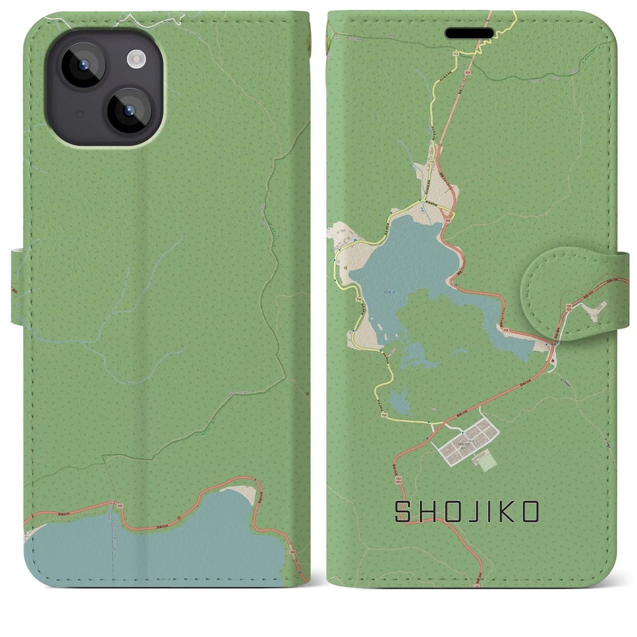 【精進湖(山梨県)】地図柄iPhoneケース(手帳タイプ)ナチュラル・iPhone 14 Plus 用