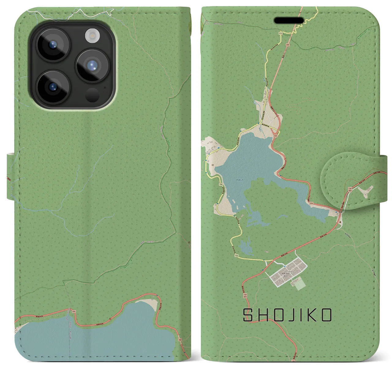 【精進湖(山梨県)】地図柄iPhoneケース(手帳タイプ)ナチュラル・iPhone 15 Pro Max 用
