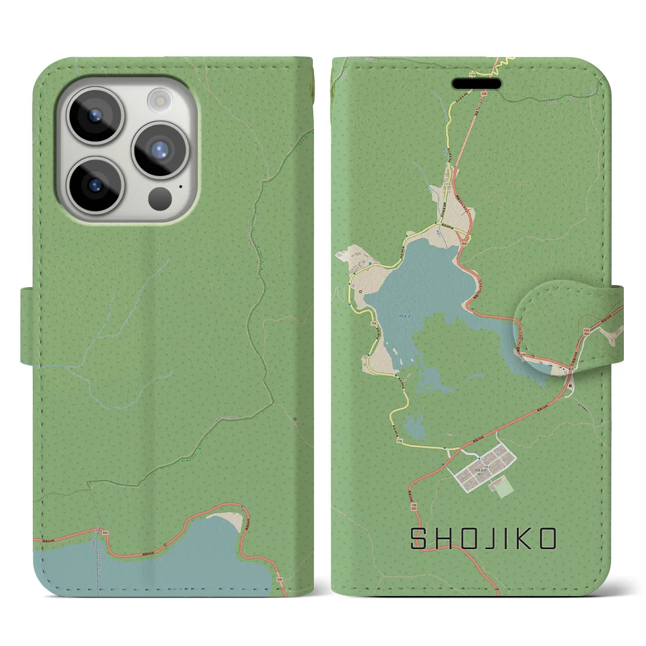 【精進湖(山梨県)】地図柄iPhoneケース(手帳タイプ)ナチュラル・iPhone 15 Pro 用