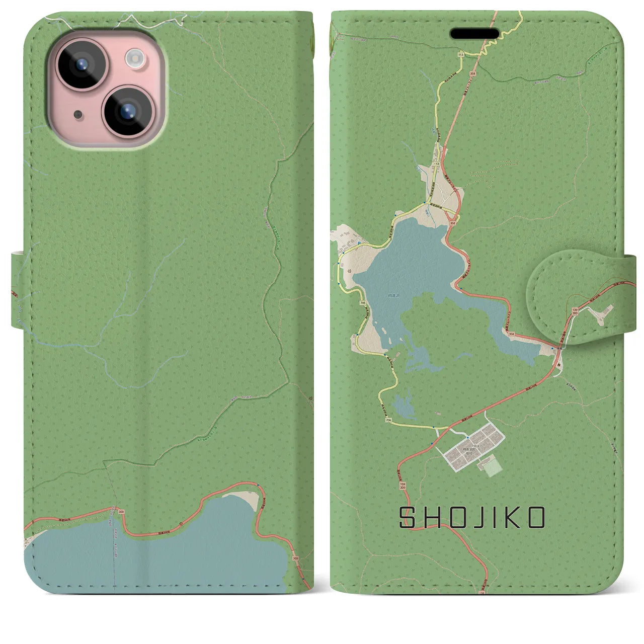 【精進湖(山梨県)】地図柄iPhoneケース(手帳タイプ)ナチュラル・iPhone 15 Plus 用
