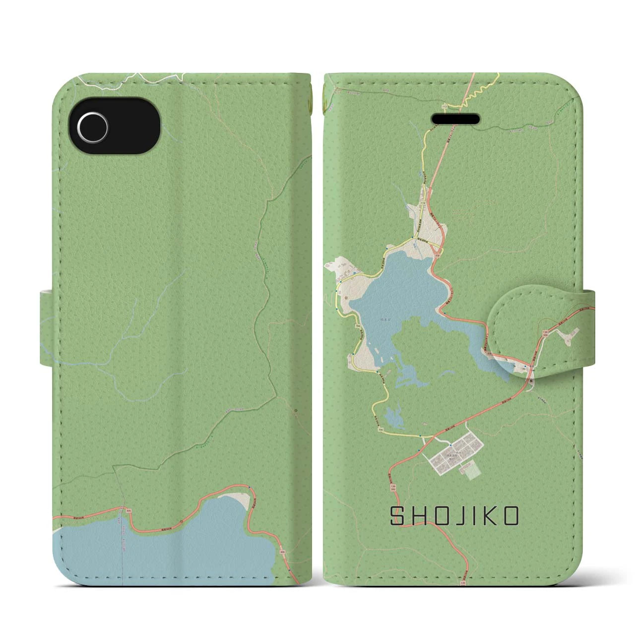【精進湖(山梨県)】地図柄iPhoneケース(手帳タイプ)ナチュラル・iPhone SE(第3 / 第2世代) / 8 / 7 / 6s / 6 用