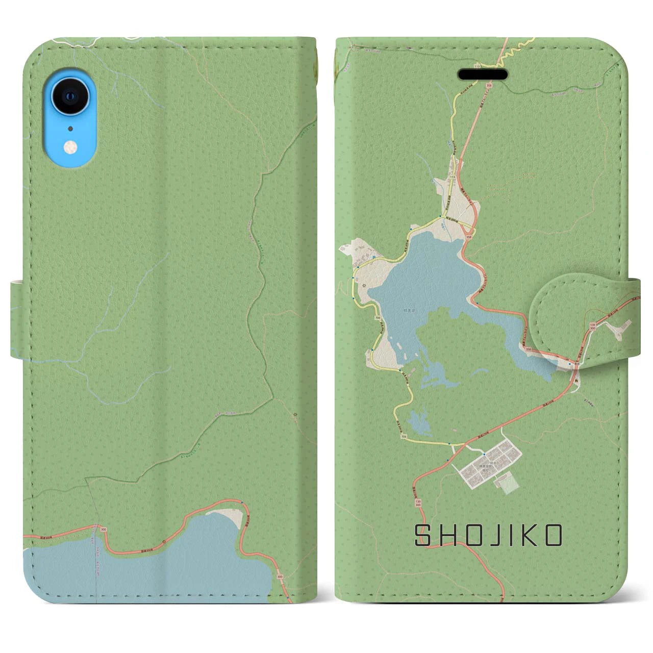 【精進湖(山梨県)】地図柄iPhoneケース(手帳タイプ)ナチュラル・iPhone XR 用