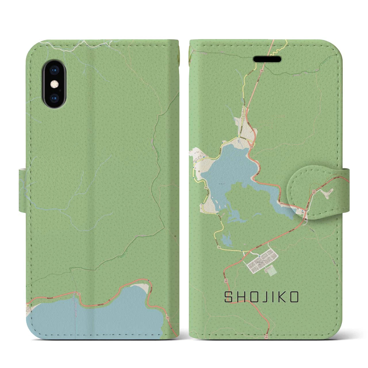 【精進湖(山梨県)】地図柄iPhoneケース(手帳タイプ)ナチュラル・iPhone XS / X 用