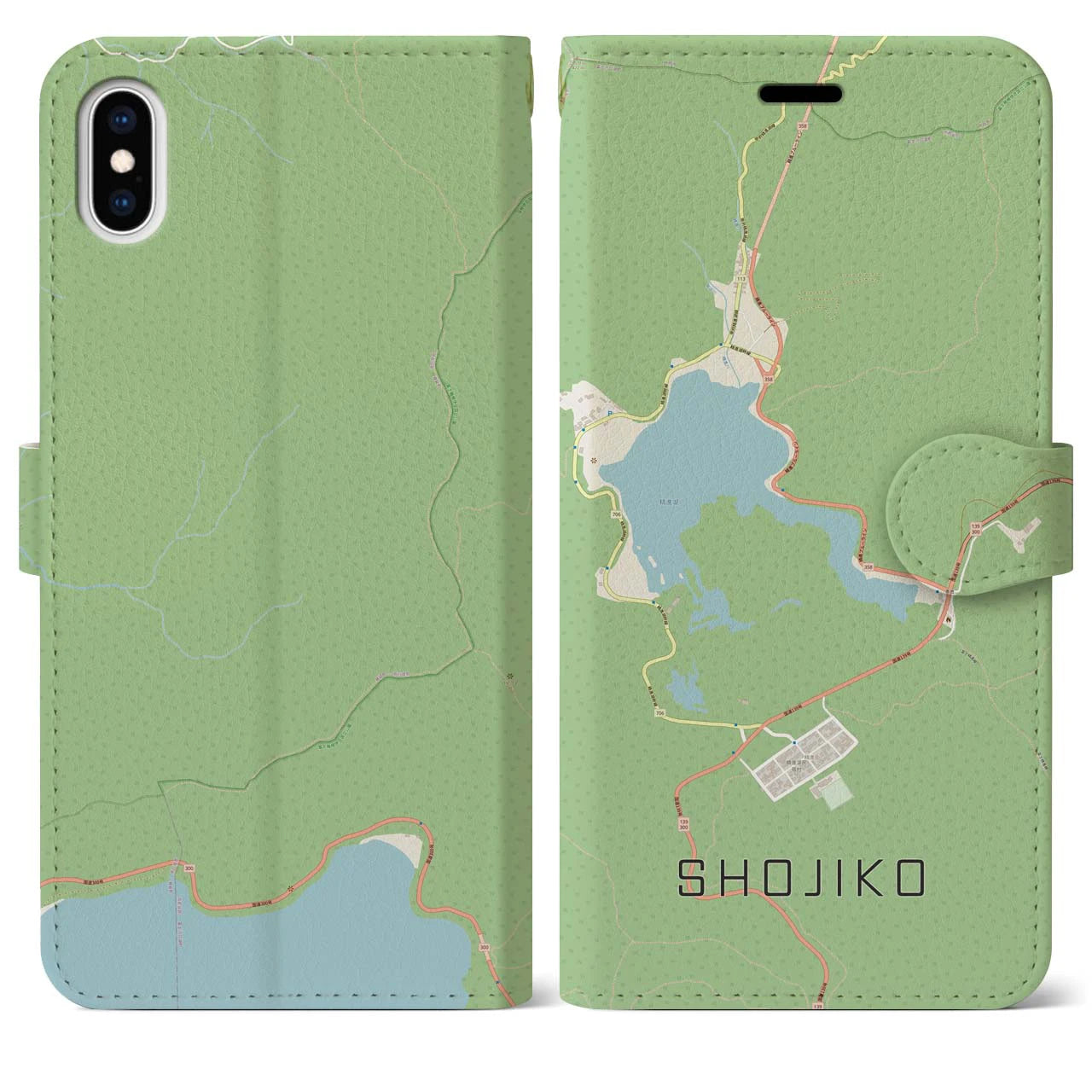 【精進湖(山梨県)】地図柄iPhoneケース(手帳タイプ)ナチュラル・iPhone XS Max 用