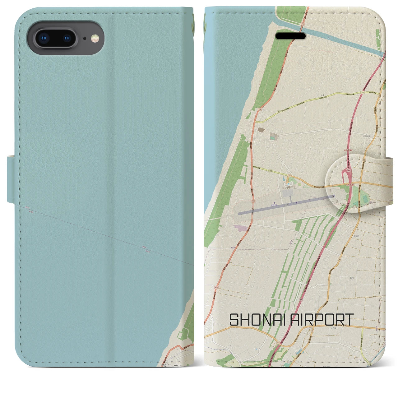 【庄内空港(山形県)】地図柄iPhoneケース(手帳タイプ)ナチュラル・iPhone 8Plus /7Plus / 6sPlus / 6Plus 用