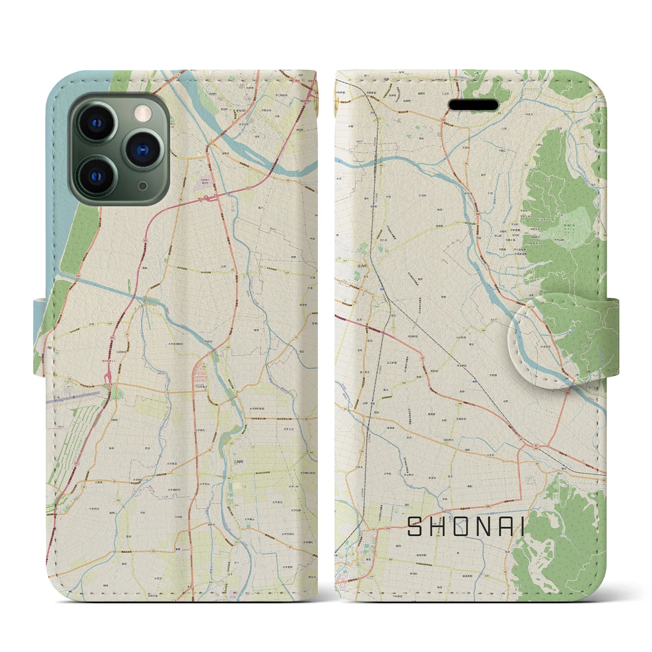 【庄内(山形県)】地図柄iPhoneケース(手帳タイプ)ナチュラル・iPhone 11 Pro 用
