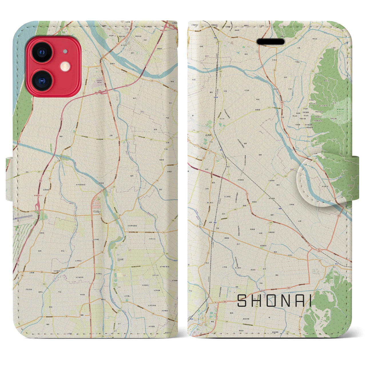 【庄内(山形県)】地図柄iPhoneケース(手帳タイプ)ナチュラル・iPhone 11 用