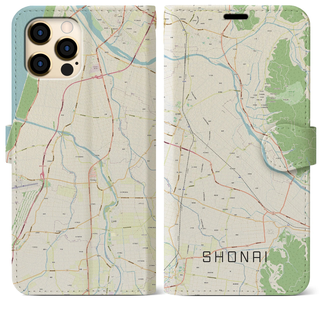 【庄内(山形県)】地図柄iPhoneケース(手帳タイプ)ナチュラル・iPhone 12 Pro Max 用