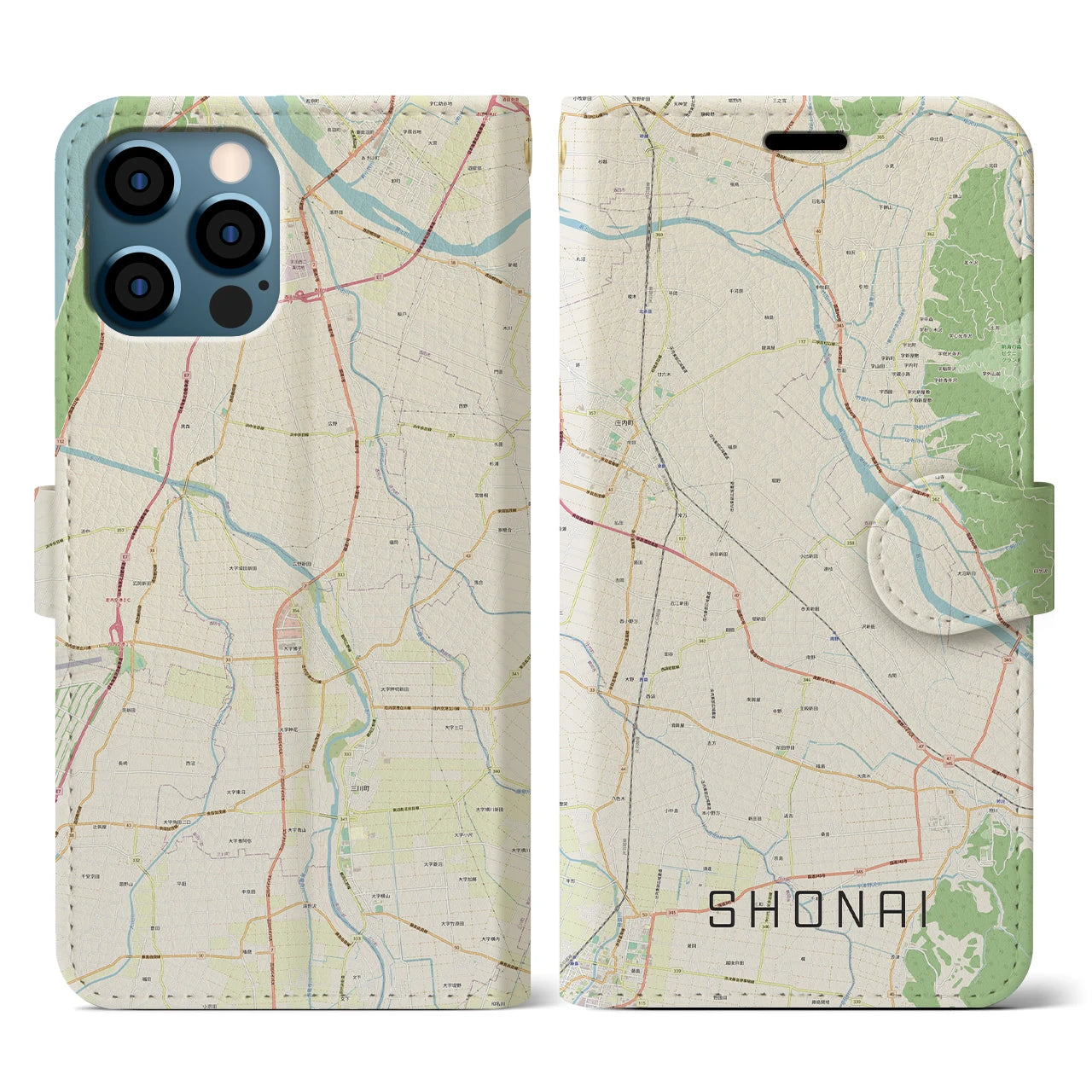 【庄内(山形県)】地図柄iPhoneケース(手帳タイプ)ナチュラル・iPhone 12 / 12 Pro 用