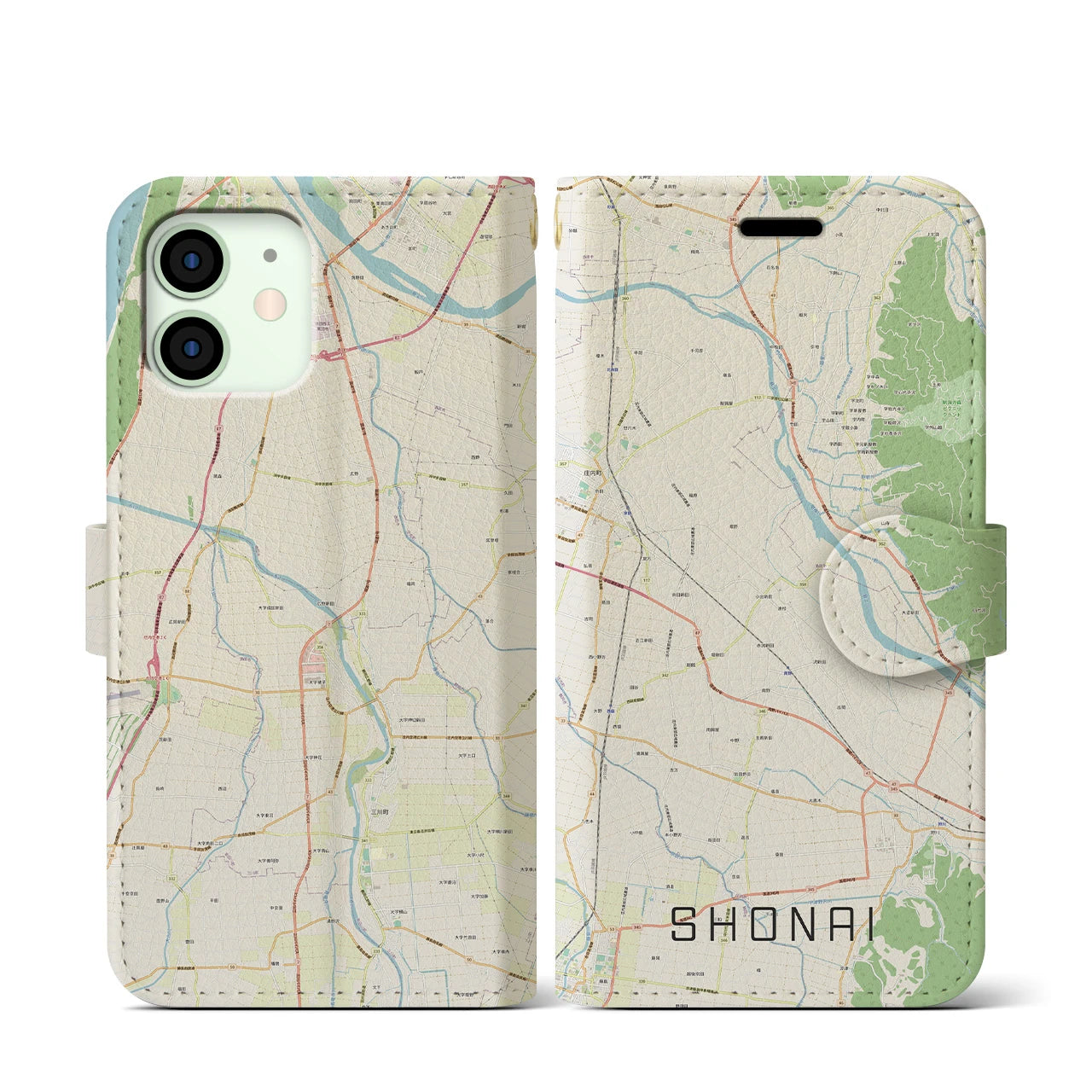 【庄内(山形県)】地図柄iPhoneケース(手帳タイプ)ナチュラル・iPhone 12 mini 用
