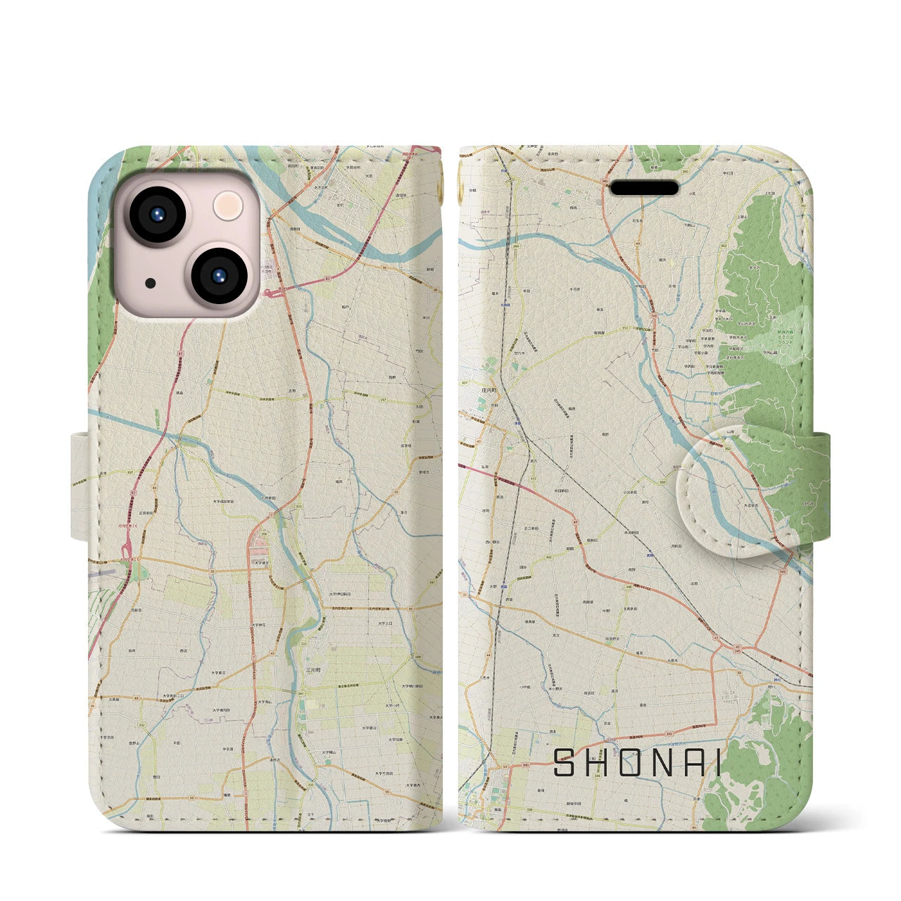 【庄内(山形県)】地図柄iPhoneケース(手帳タイプ)ナチュラル・iPhone 13 mini 用