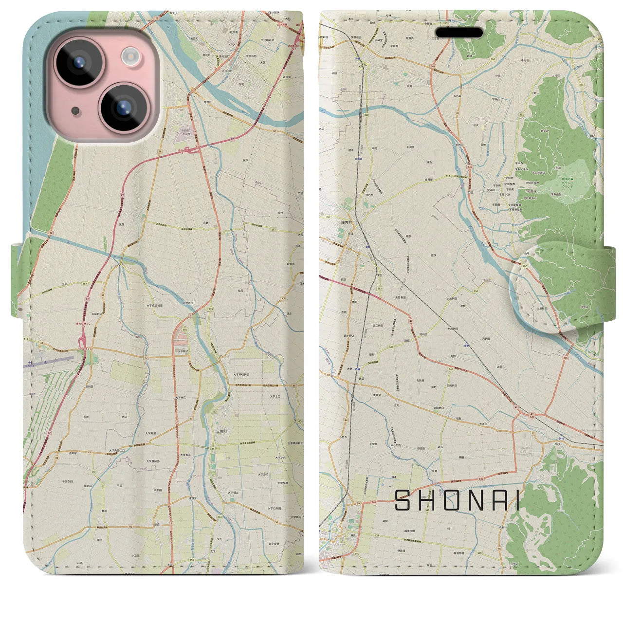 【庄内(山形県)】地図柄iPhoneケース(手帳タイプ)ナチュラル・iPhone 15 Plus 用