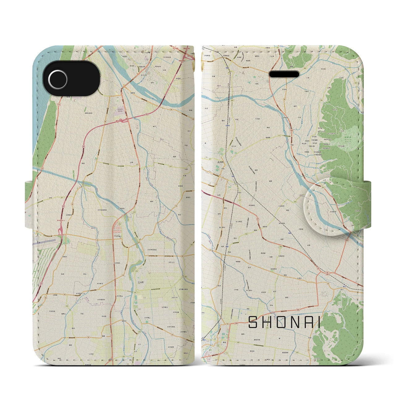 【庄内(山形県)】地図柄iPhoneケース(手帳タイプ)ナチュラル・iPhone SE(第3 / 第2世代) / 8 / 7 / 6s / 6 用