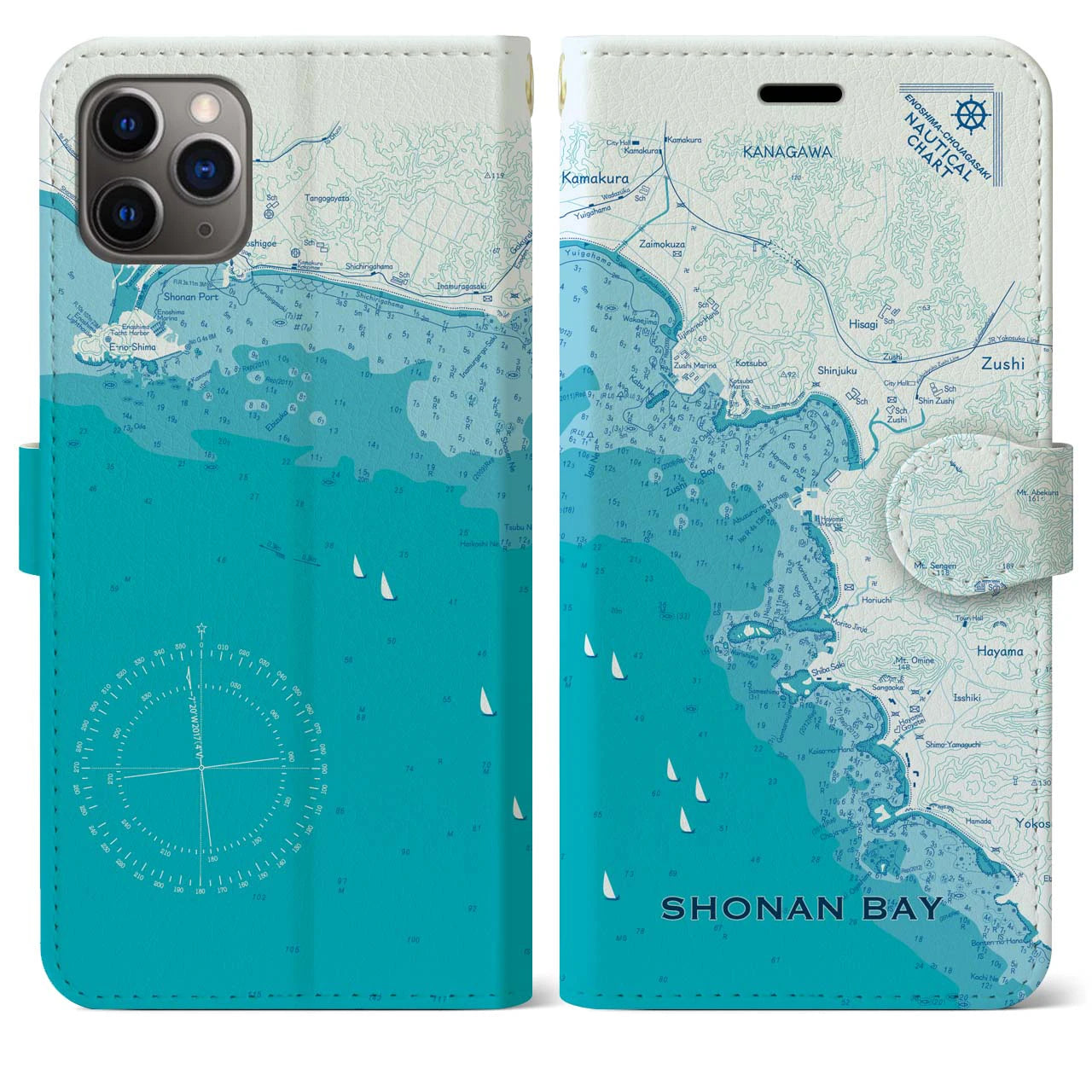 【湘南海岸(神奈川県)】海図iPhoneケース(手帳タイプ)ブルー・iPhone 11 Pro Max 用