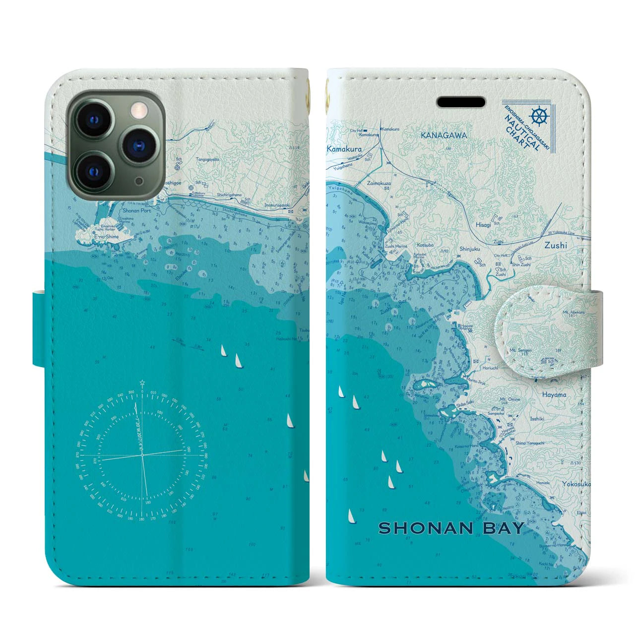 【湘南海岸(神奈川県)】海図iPhoneケース(手帳タイプ)ブルー・iPhone 11 Pro 用