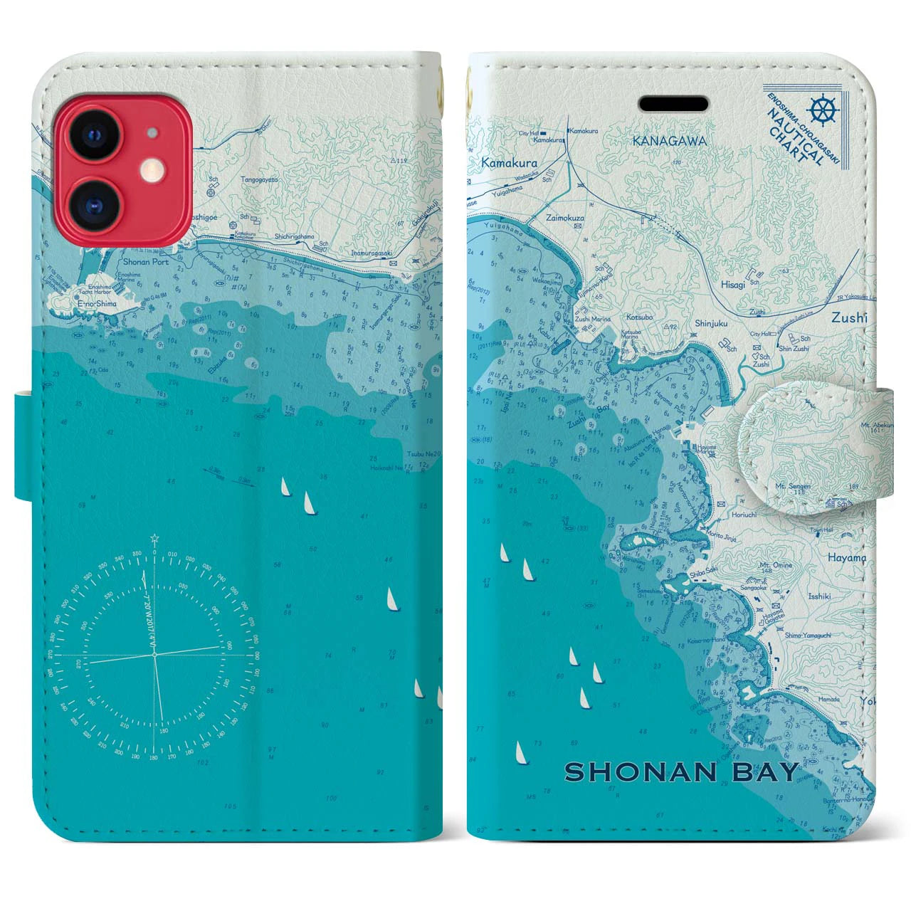 【湘南海岸(神奈川県)】海図iPhoneケース(手帳タイプ)ブルー・iPhone 11 用