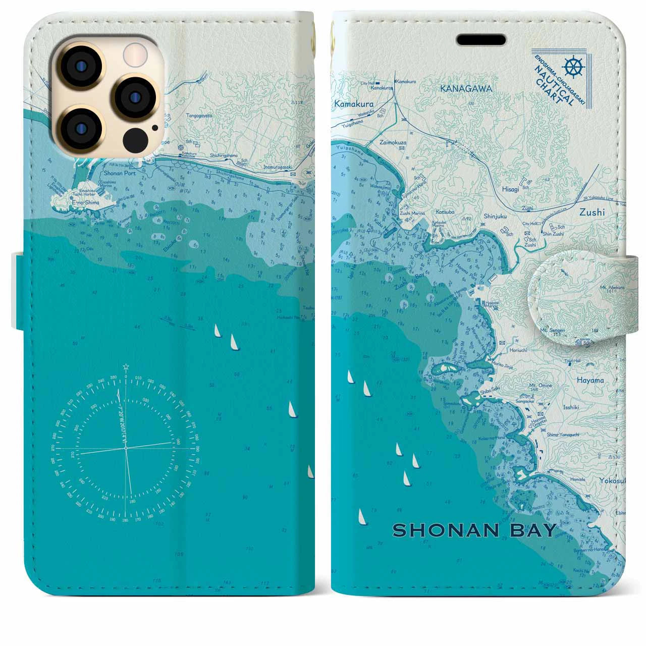 【湘南海岸(神奈川県)】海図iPhoneケース(手帳タイプ)ブルー・iPhone 12 Pro Max 用