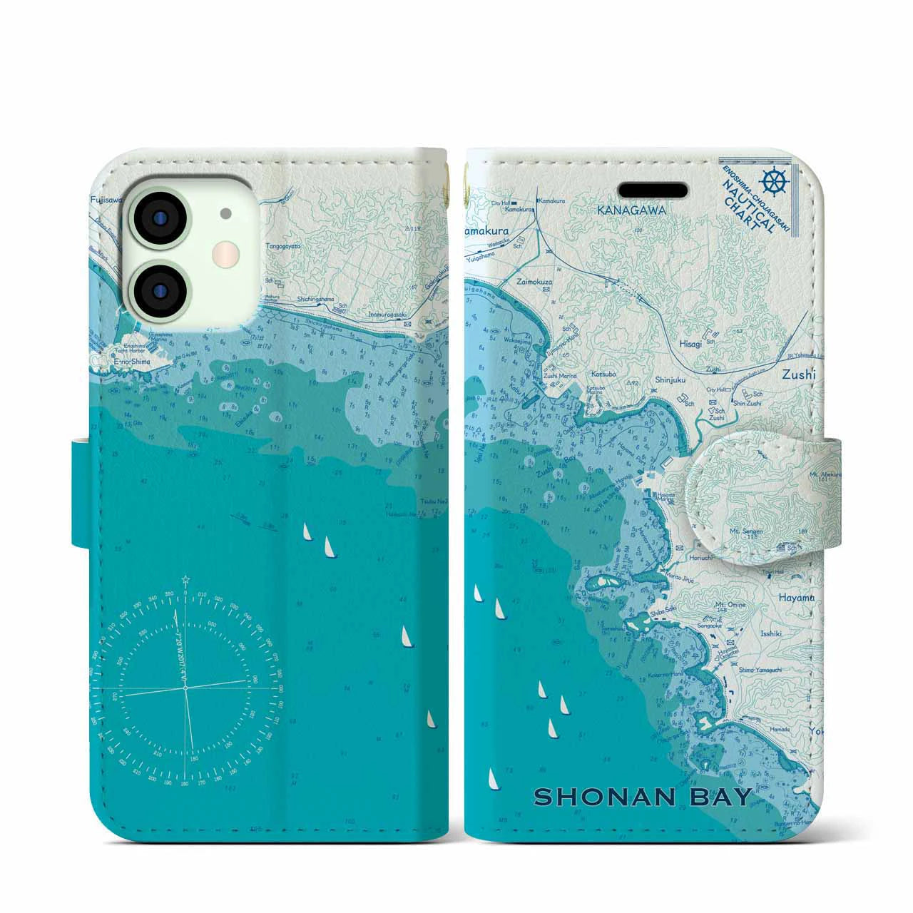 【湘南海岸(神奈川県)】海図iPhoneケース(手帳タイプ)ブルー・iPhone 12 mini 用