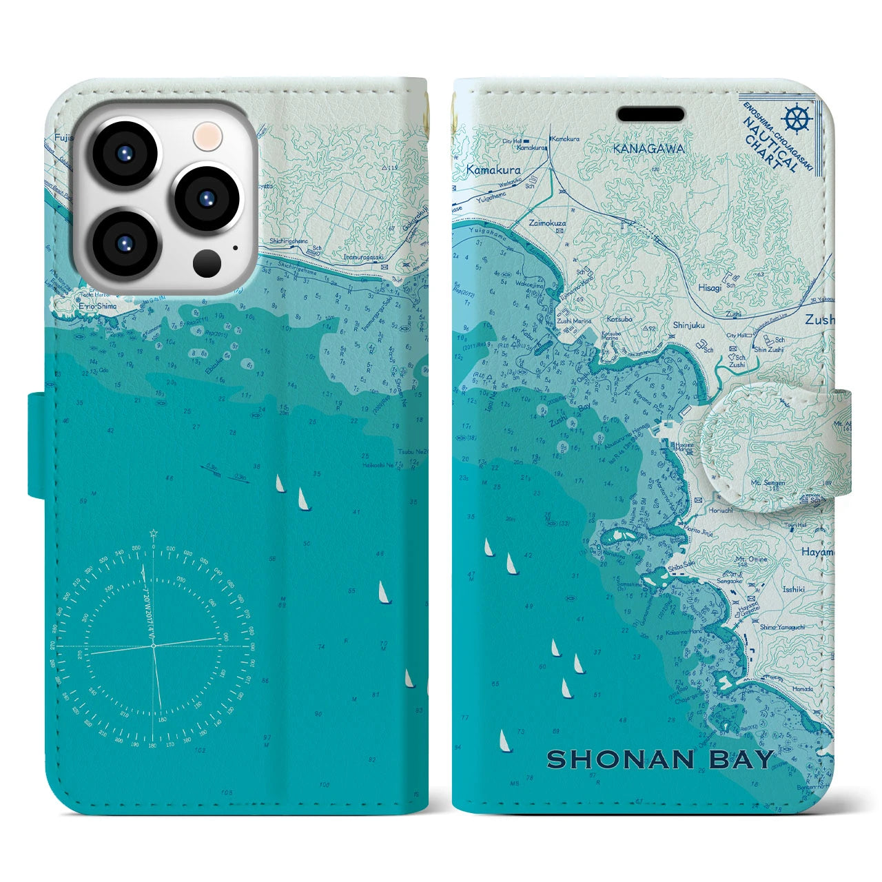【湘南海岸(神奈川県)】海図iPhoneケース(手帳タイプ)ブルー・iPhone 13 Pro 用