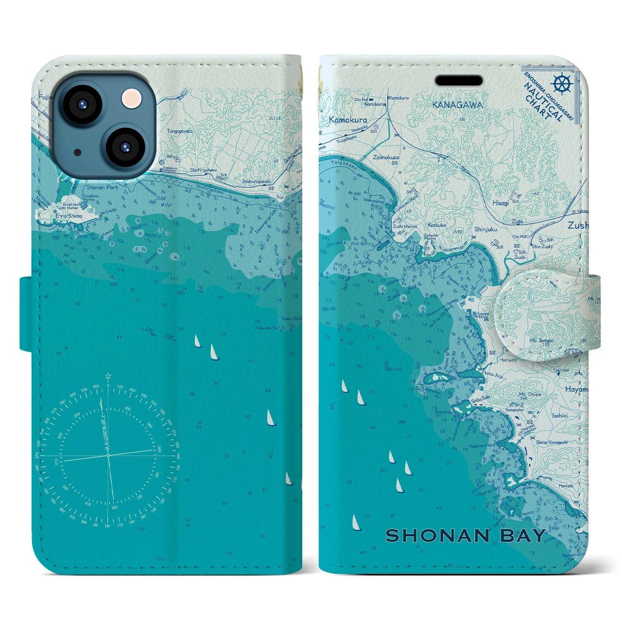 【湘南海岸(神奈川県)】海図iPhoneケース(手帳タイプ)ブルー・iPhone 13 用