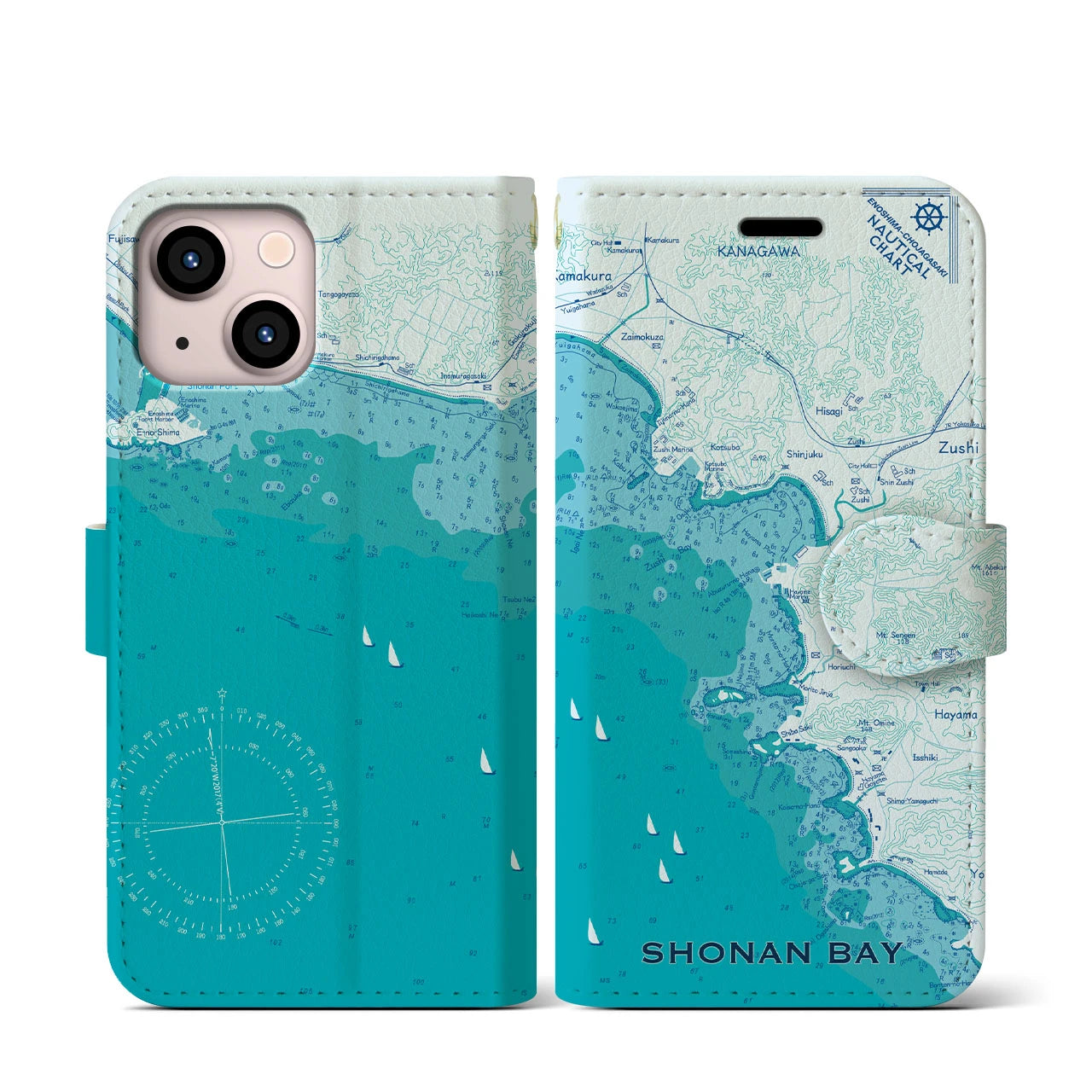 【湘南海岸(神奈川県)】海図iPhoneケース(手帳タイプ)ブルー・iPhone 13 mini 用