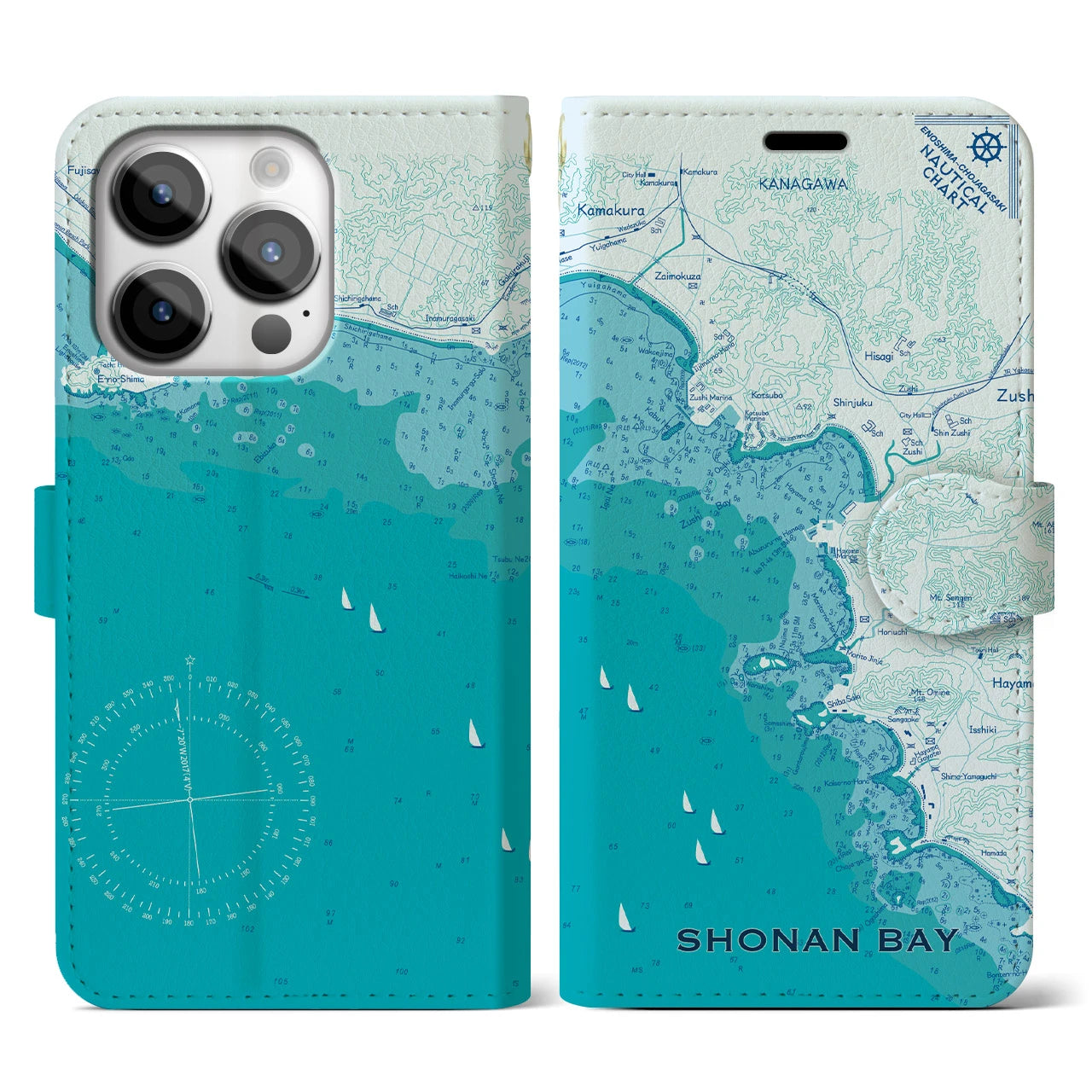 【湘南海岸(神奈川県)】海図iPhoneケース(手帳タイプ)ブルー・iPhone 14 Pro 用
