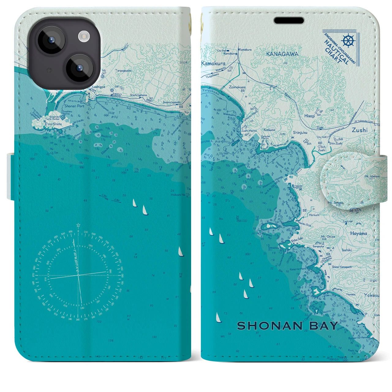 【湘南海岸(神奈川県)】海図iPhoneケース(手帳タイプ)ブルー・iPhone 14 Plus 用
