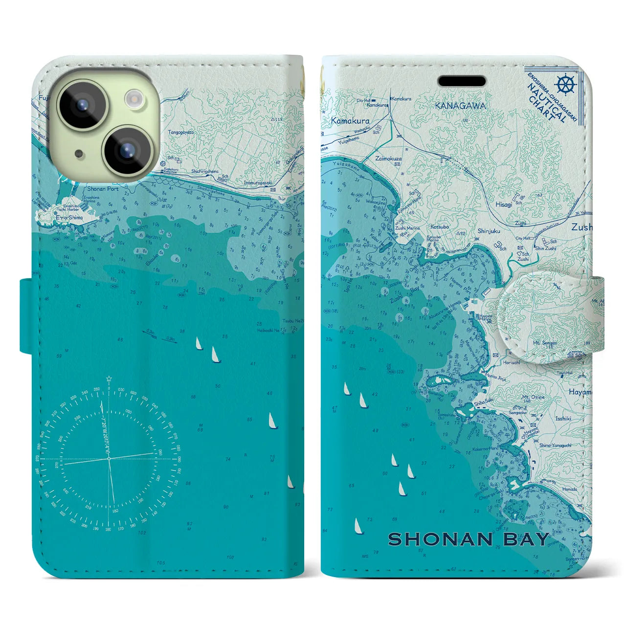 【湘南海岸(神奈川県)】海図iPhoneケース(手帳タイプ)ブルー・iPhone 15 用