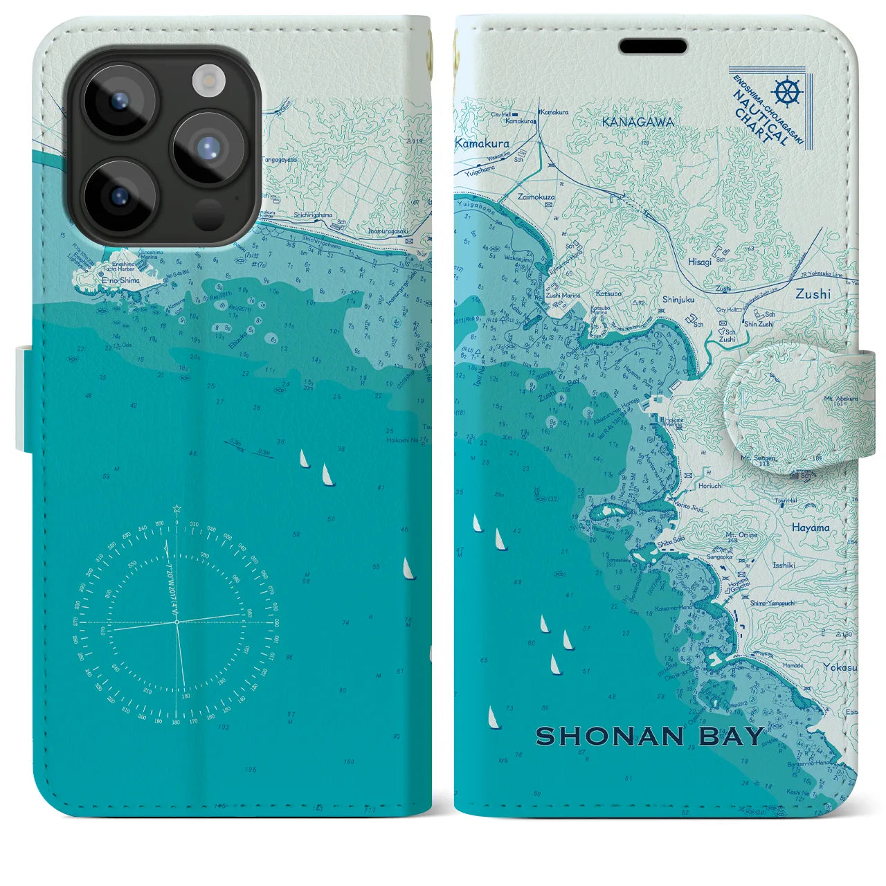 【湘南海岸(神奈川県)】海図iPhoneケース(手帳タイプ)ブルー・iPhone 15 Pro Max 用