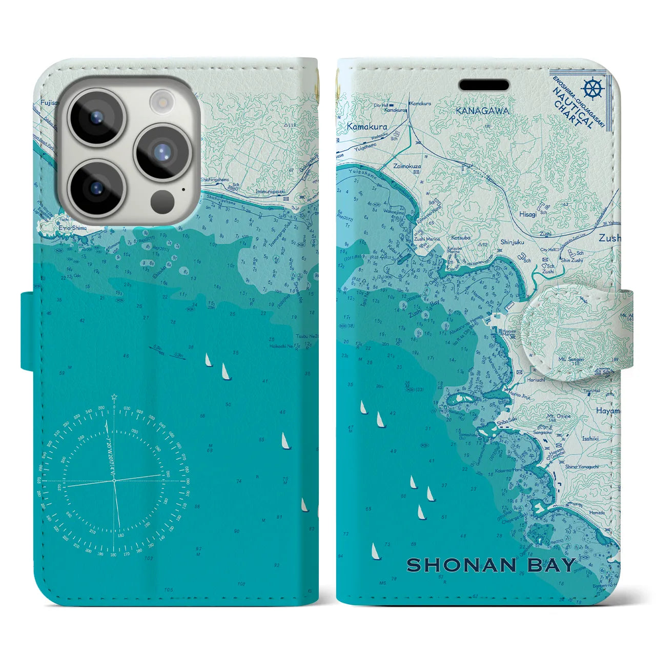 【湘南海岸(神奈川県)】海図iPhoneケース(手帳タイプ)ブルー・iPhone 15 Pro 用